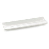 A long, rectangular serving dish from the Frostone Collection, this white ceramic plate features slightly raised, curved edges and a smooth, glossy finish. The plate is empty and photographed against a plain white background.
