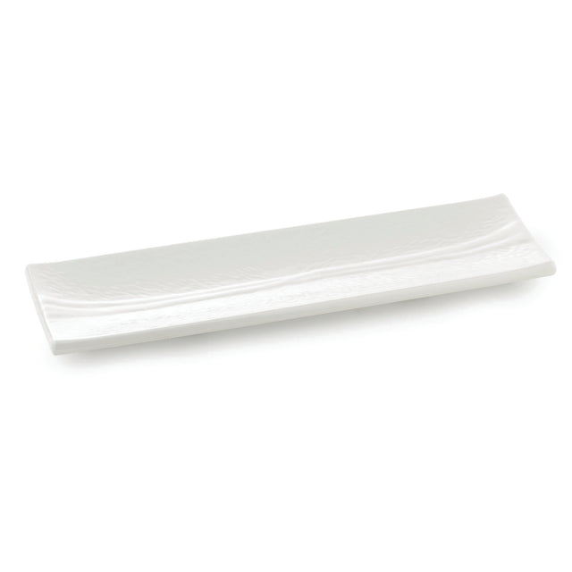A long, rectangular serving dish from the Frostone Collection, this white ceramic plate features slightly raised, curved edges and a smooth, glossy finish. The plate is empty and photographed against a plain white background.