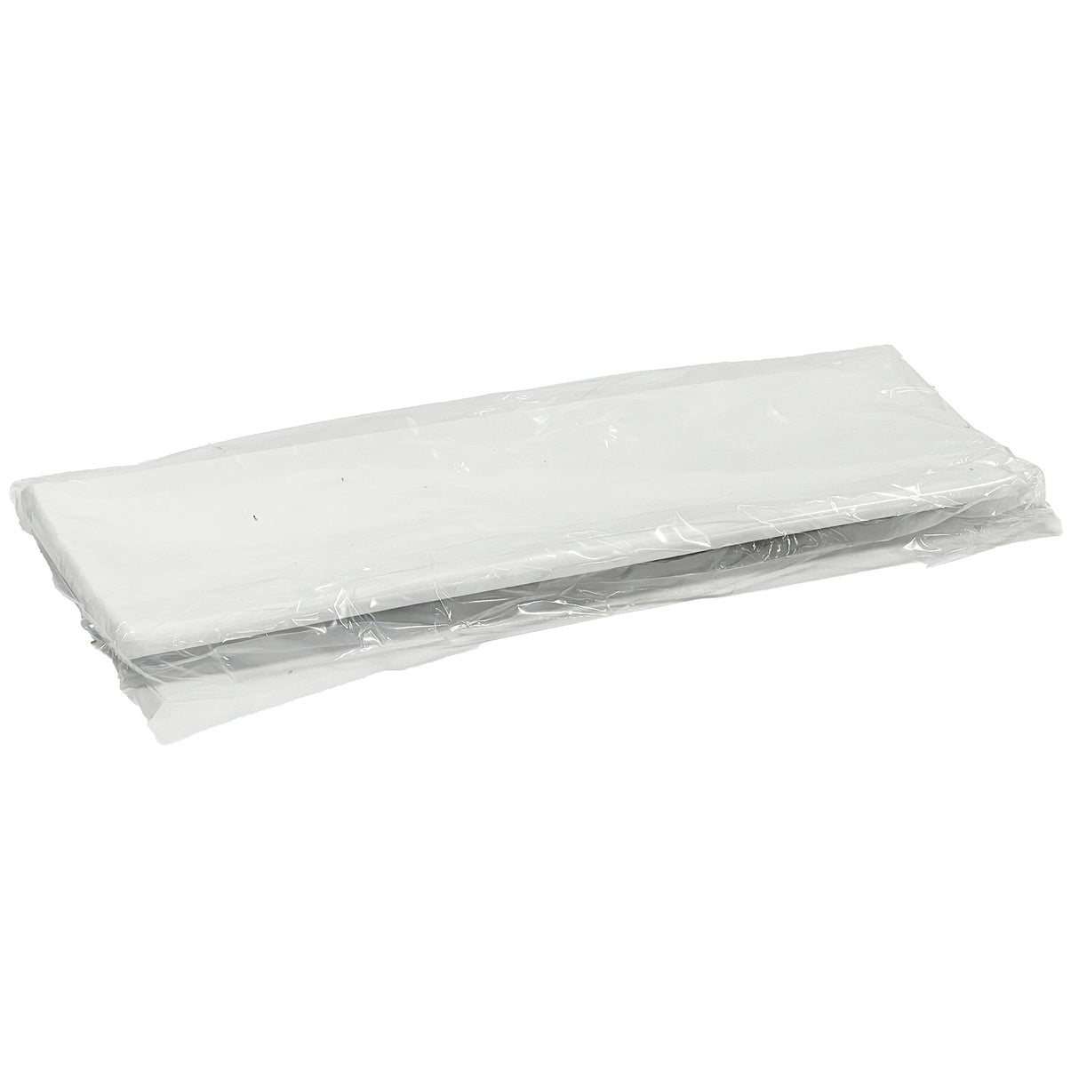 A stack of white rectangular sheets, reminiscent of a neatly aligned Frostone Collection dish, is wrapped in clear plastic. Lying flat on a white background, the set evokes the pristine look of dishwasher safe melamine rectangular dishes.