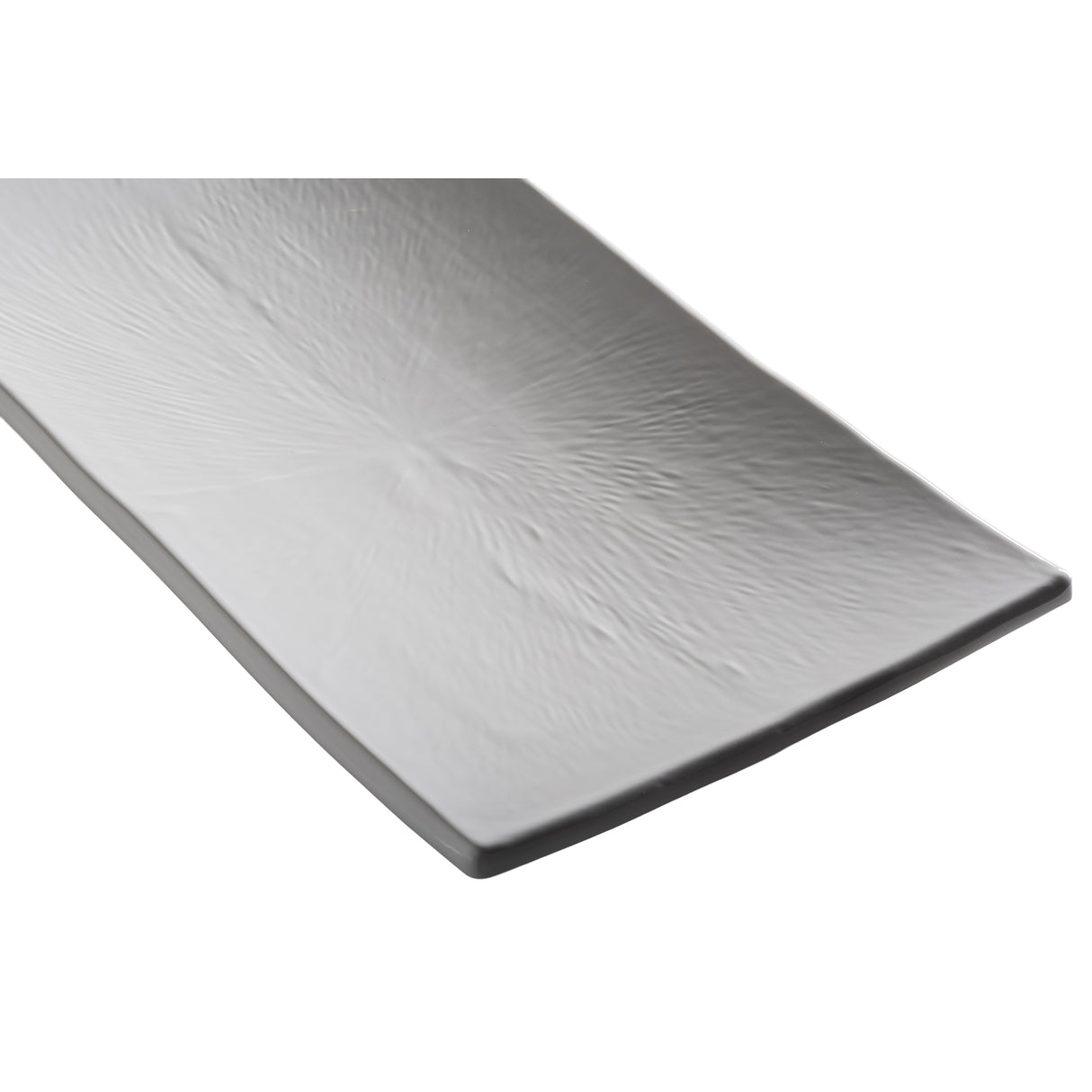 A close-up of a rectangular, white Frostone Collection Dish with soft raised ridges in a subtle, organic texture pattern. The plate has slightly curved edges, a smooth matte finish, and is dishwasher safe, photographed on a plain white background.