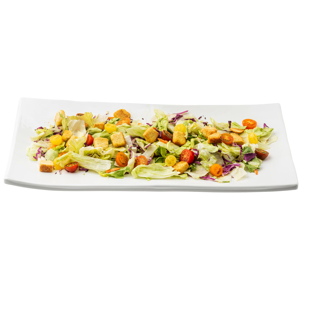 A rectangular white Frostone Collection Dish holds a scattered salad with iceberg lettuce, cherry tomato halves, shredded purple cabbage, yellow carrot slices, croutons, and cheese bits—artfully arranged with ample white space on this dishwasher-safe melamine dish.