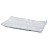 A stack of white Frostone Collection Dish trays, made from durable melamine, is wrapped in transparent plastic packaging on a plain white background. The plastic covering is slightly wrinkled and tightly sealed around the rectangular stack.