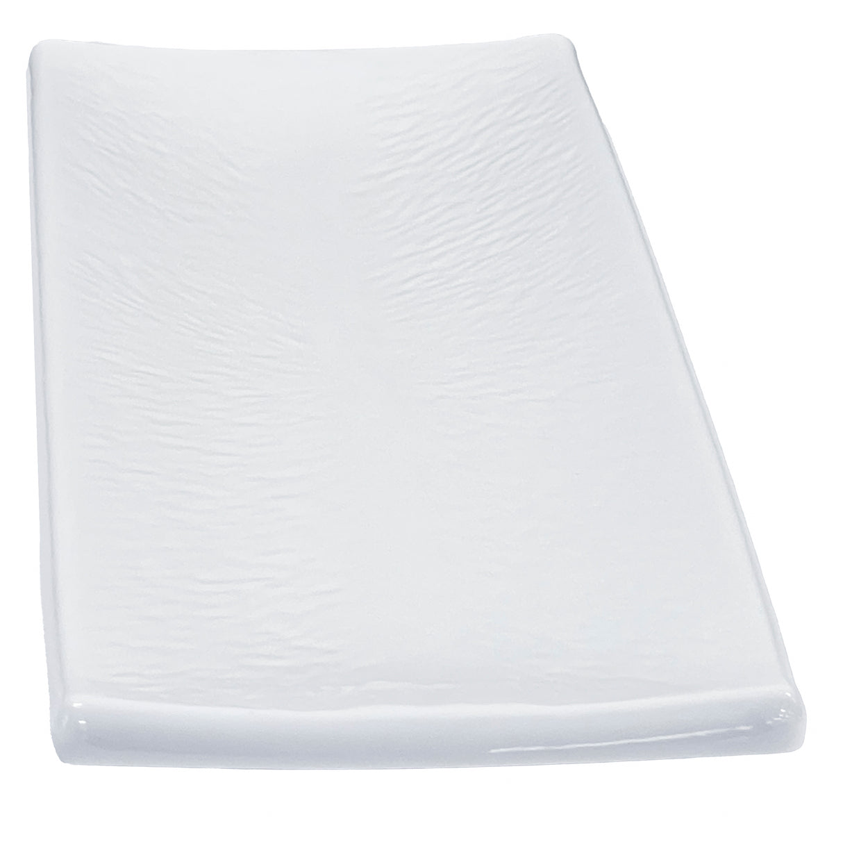 A simple, rectangular white Frostone Collection Dish with slightly raised edges and a smooth, glossy surface. The plate appears empty and is set against a plain white background.