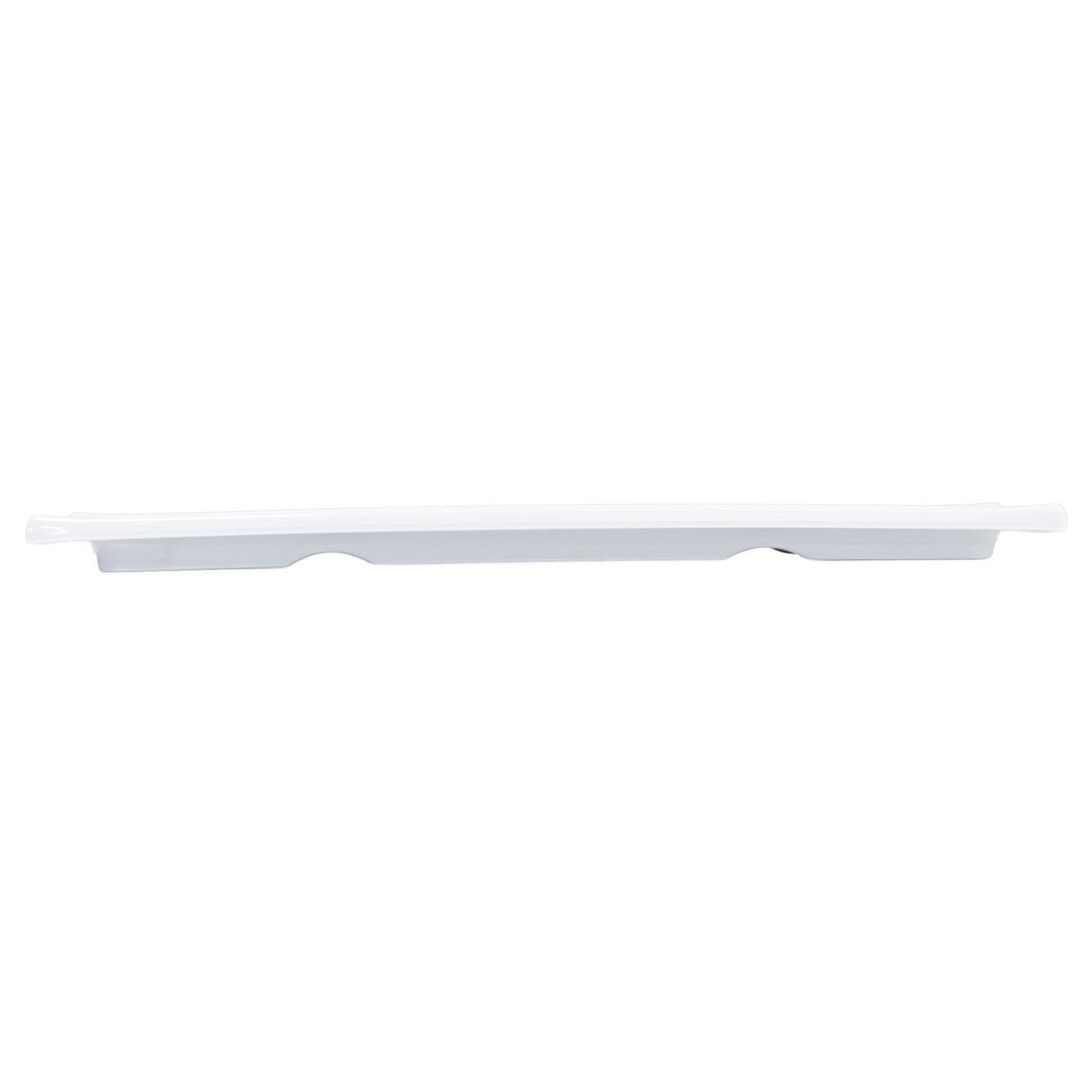 A long, narrow white melamine dish from the Frostone Collection with slightly raised ends and three shallow, curved indentations along the bottom edge, shown against a plain white background.