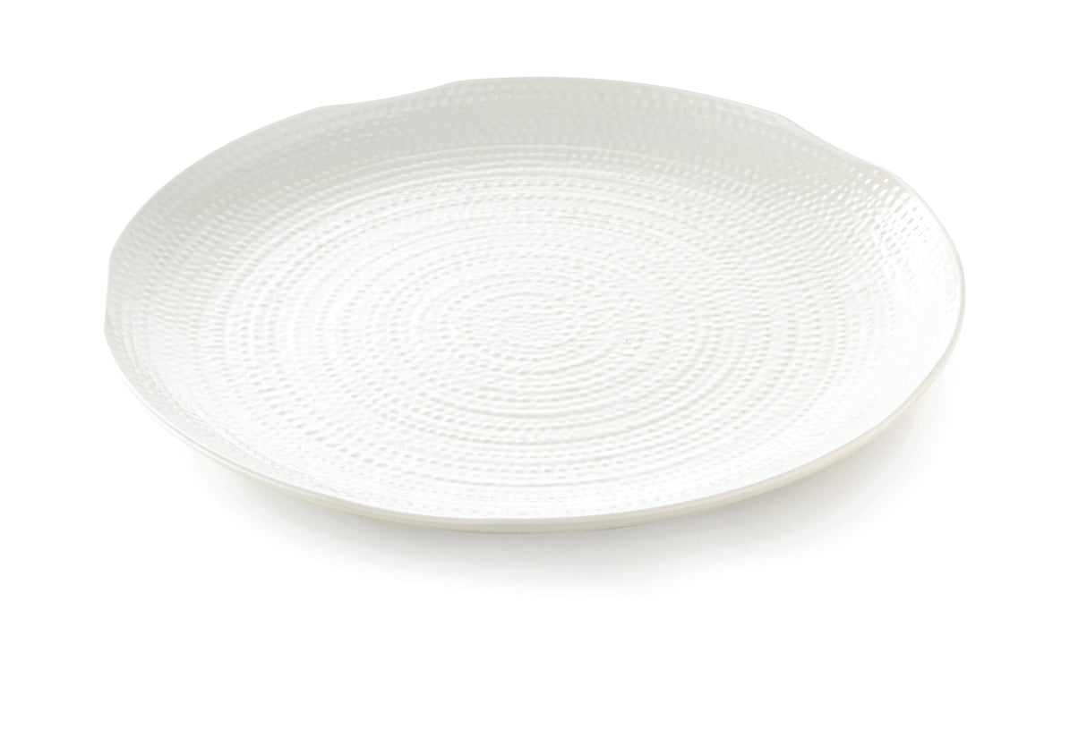 A round, white pebbled tray with a textured, concentric circular pattern on its surface. This 22 inch serving tray has a slightly raised rim and a glossy finish, photographed against a white background.