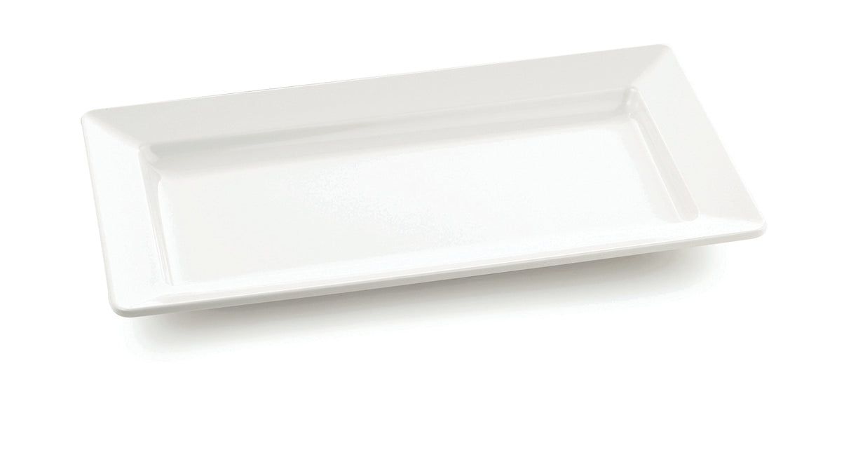 A rectangular, white Frostone Collection Tray with slightly raised edges is shown on a plain white background. The melamine tray is empty and positioned at a slight angle, creating subtle shadows. It is also dishwasher safe for easy cleaning.