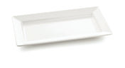 A rectangular, white Frostone Collection Tray with slightly raised edges is shown on a plain white background. The melamine tray is empty and positioned at a slight angle, creating subtle shadows. It is also dishwasher safe for easy cleaning.