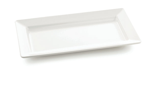 A rectangular, white Frostone Collection Tray with slightly raised edges is shown on a plain white background. The melamine tray is empty and positioned at a slight angle, creating subtle shadows. It is also dishwasher safe for easy cleaning.