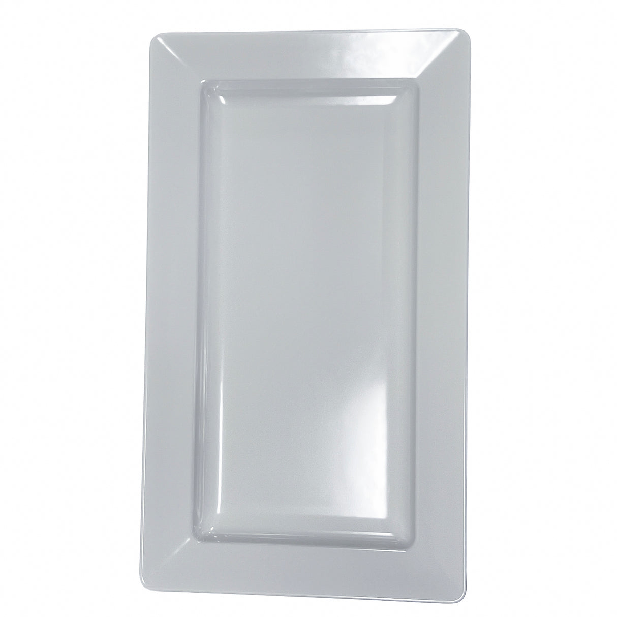 A plain, glossy white rectangular Frostone Collection Tray with slightly raised edges, viewed from above against a white background. This dishwasher safe plate features a smooth surface and clean lines, offering a modern, minimalist look.