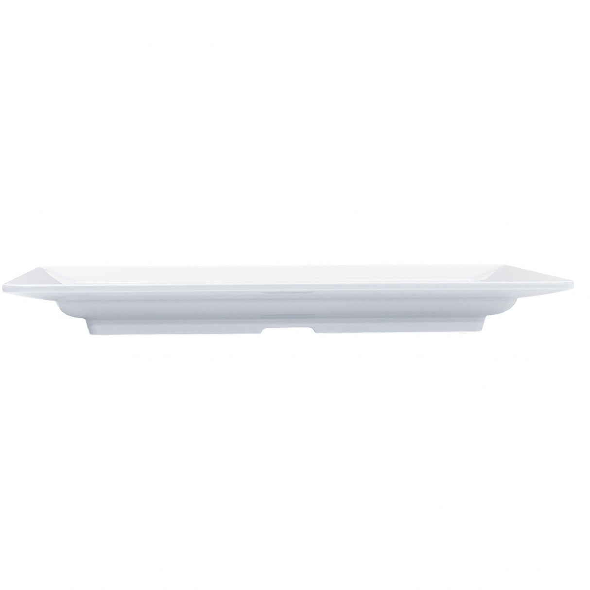 A rectangular white Frostone Collection Tray with raised edges and a flat base, shown from the side on a plain white background. The minimalist, modern melamine tray features clean lines, a glossy finish, and is dishwasher safe for easy cleaning.
