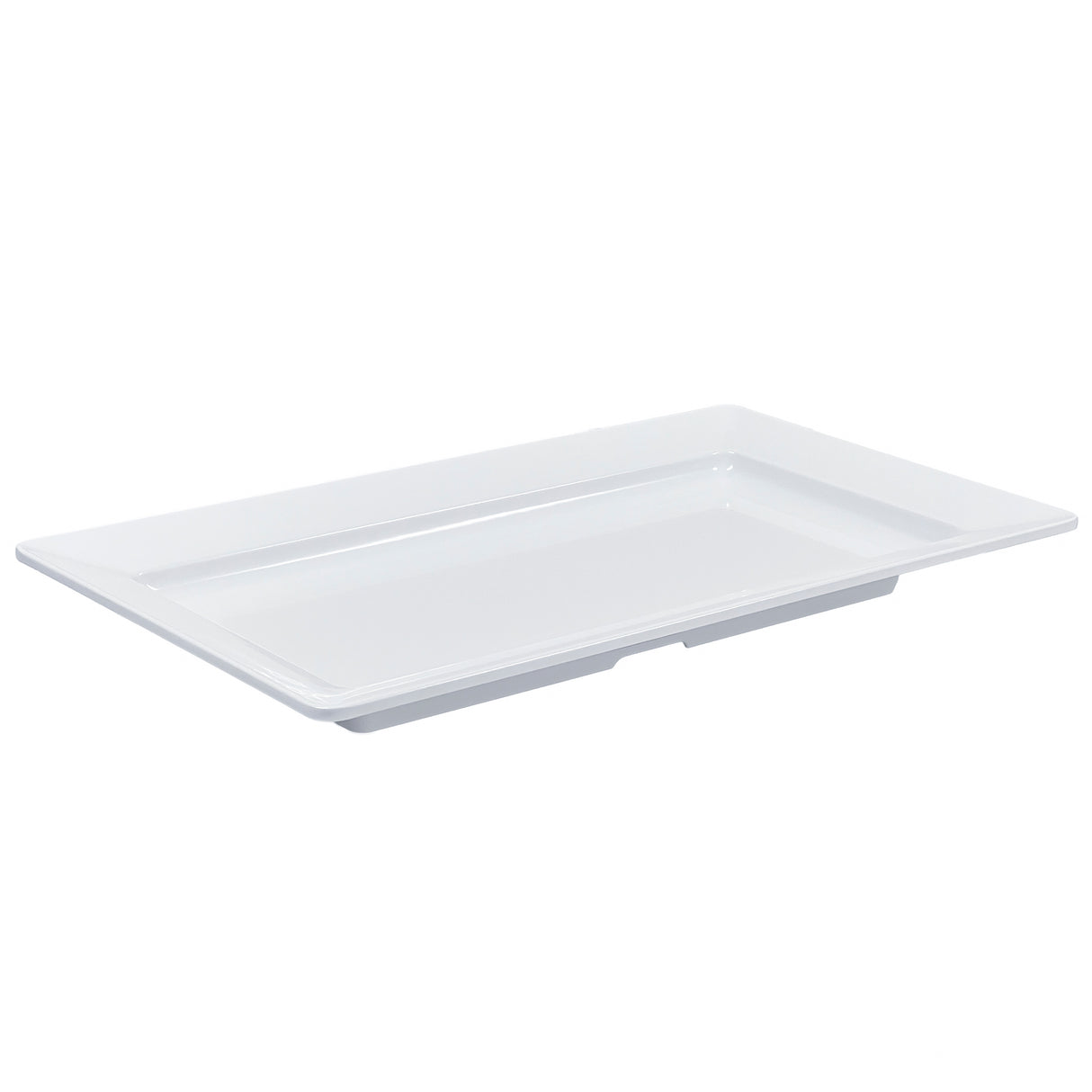 A plain, rectangular white Frostone Collection Tray with slightly raised edges and a glossy finish, shown empty against a white background. This melamine tray is dishwasher safe and photographed at an angle to highlight its shallow depth.