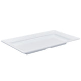 A plain, rectangular white Frostone Collection Tray with slightly raised edges and a glossy finish, shown empty against a white background. This melamine tray is dishwasher safe and photographed at an angle to highlight its shallow depth.