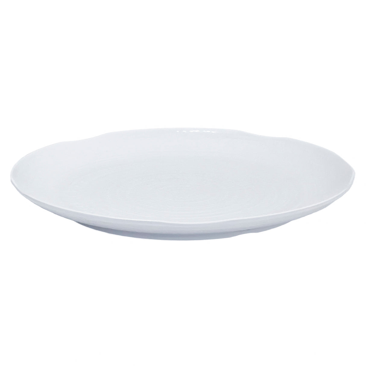 A plain, round melamine tray with a slightly raised rim and a smooth, glossy finish, photographed against a white background. The tray is empty and viewed at a slight angle, showing its shallow depth.