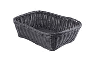 A rectangular, black hand-woven basket with a high rim and tightly interlaced strands. The basket is empty and set against a plain white background. The texture appears sturdy, and the weave pattern is consistent throughout.
