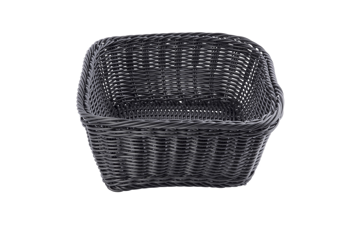 A black, rectangular Ridal Collection Basket with open top and woven sides, photographed on a white background. The hand-woven basket is empty and slightly angled, showing its textured pattern and sturdy construction.
