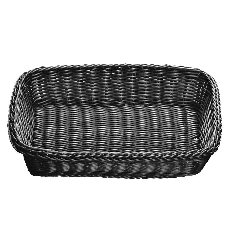 A rectangular, shallow hand-woven basket from the Ridal Collection with tall sides and an open top. Its tightly interlaced wicker pattern and dark color give this heat resistant basket a sturdy, rustic appearance with both interior and exterior visible.