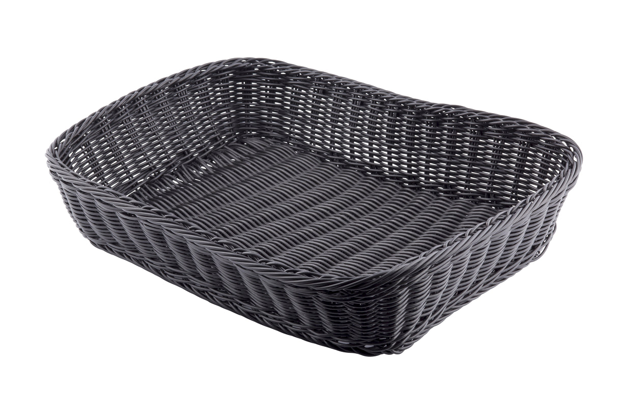 A rectangular, dark gray hand-woven basket from the Ridal Collection, featuring slightly curved sides, an open top, a tight wicker pattern, rounded corners, and shown empty against a white background.