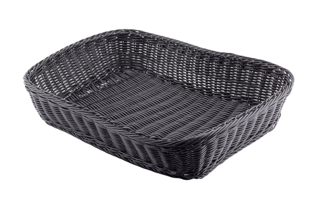 A rectangular, dark gray hand-woven basket from the Ridal Collection, featuring slightly curved sides, an open top, a tight wicker pattern, rounded corners, and shown empty against a white background.