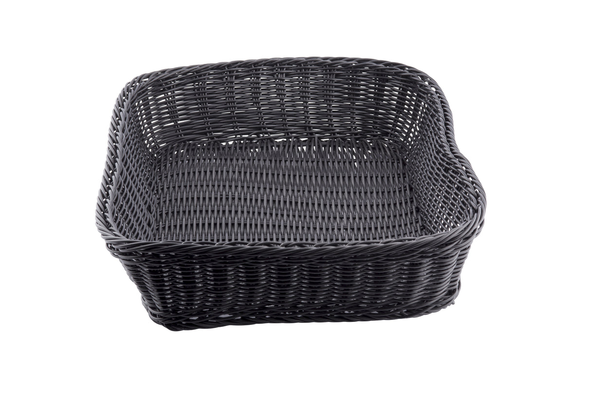 A rectangular, black hand-woven basket with high sides and a flat bottom, shown empty on a white background. The basket features a tight weave pattern from the Ridal Collection and slightly curved edges.