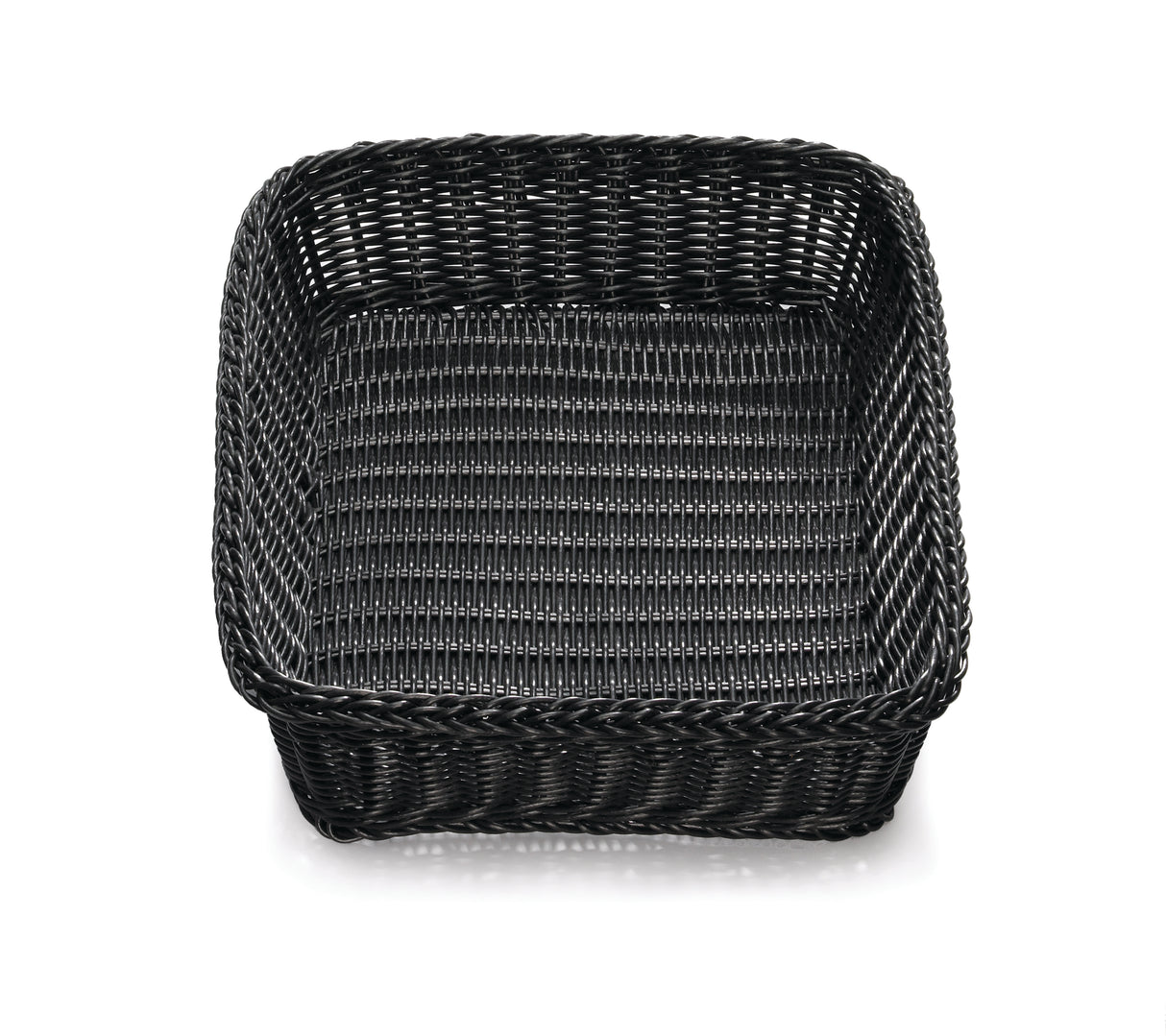A square, black hand-woven basket with a wicker texture from the Ridal Collection. The heat resistant basket features slightly curved edges and is empty, resting on a white surface with soft shadows underneath.