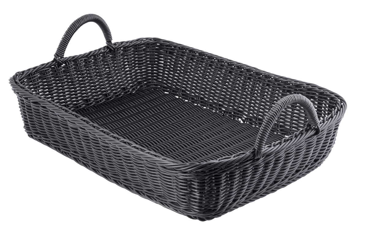 A rectangular, black hand-woven polypropylene basket from the Ridal Collection, with two sturdy handles on opposite shorter sides. Its tight, uniform weaving and slightly higher sides provide depth for carrying items while being heat resistant.