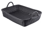 A rectangular, black hand-woven polypropylene basket from the Ridal Collection, with two sturdy handles on opposite shorter sides. Its tight, uniform weaving and slightly higher sides provide depth for carrying items while being heat resistant.