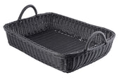 A rectangular, black hand-woven polypropylene basket from the Ridal Collection, with two sturdy handles on opposite shorter sides. Its tight, uniform weaving and slightly higher sides provide depth for carrying items while being heat resistant.