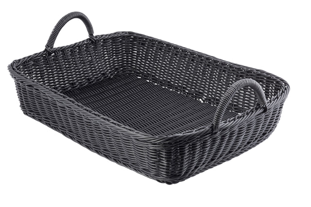 A rectangular, black hand-woven polypropylene basket from the Ridal Collection, with two sturdy handles on opposite shorter sides. Its tight, uniform weaving and slightly higher sides provide depth for carrying items while being heat resistant.
