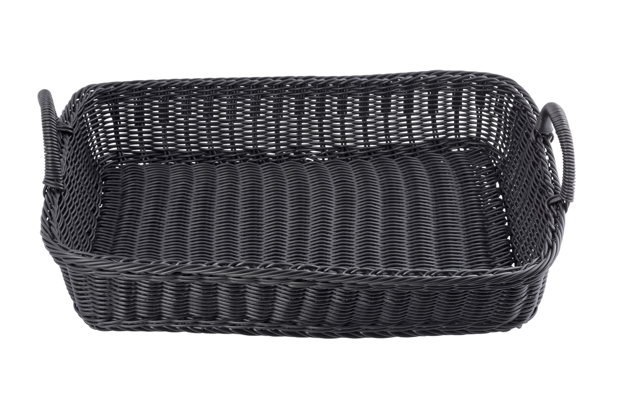 A rectangular, black hand-woven basket from the Ridal Collection Basket, featuring raised sides, sturdy handles, and a tight weave pattern. This open-top design is perfect for storage or organizing items in style.