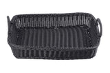A rectangular, black hand-woven basket from the Ridal Collection Basket, featuring raised sides, sturdy handles, and a tight weave pattern. This open-top design is perfect for storage or organizing items in style.
