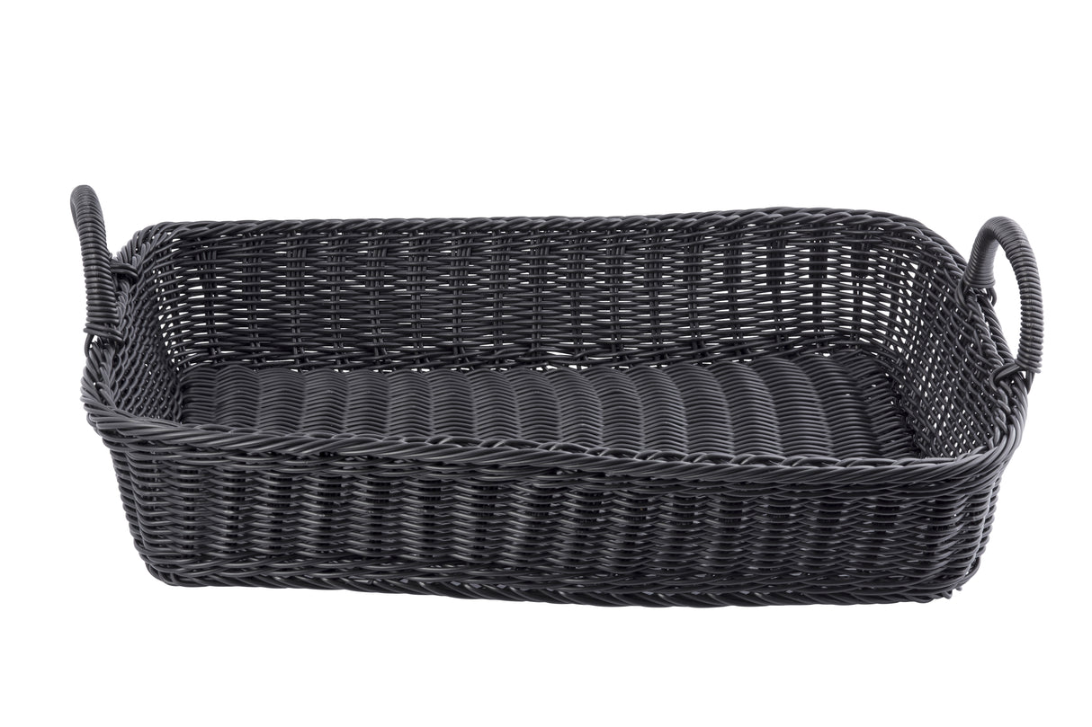 A rectangular, black hand-woven basket from the Ridal Collection with two looped handles on opposite short sides. The basket has a grid-like pattern, slightly raised edges, and sits empty against a white background.