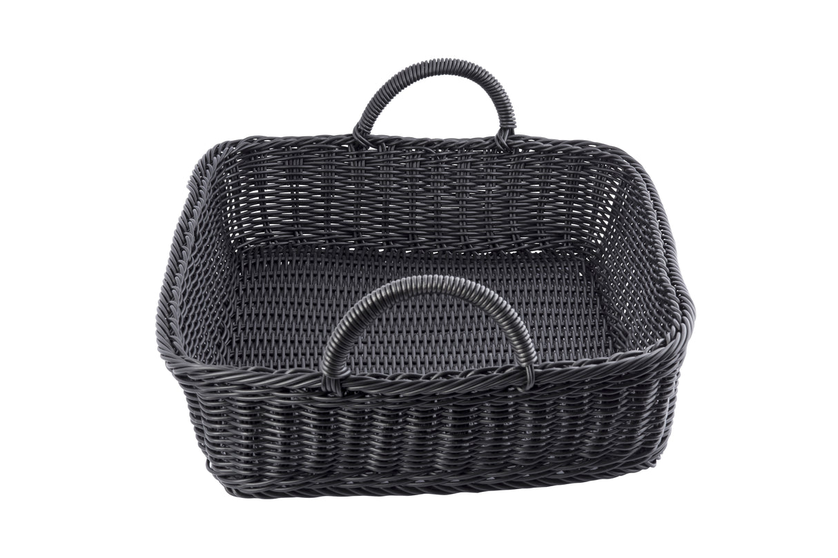 A rectangular, black hand-woven basket from the Ridal Collection Basket features two curved handles on opposite sides. The basket is empty, showcasing its visible weave pattern and heat resistant structure with integrated handles.