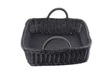 A rectangular, black hand-woven basket from the Ridal Collection Basket features two curved handles on opposite sides. The basket is empty, showcasing its visible weave pattern and heat resistant structure with integrated handles.