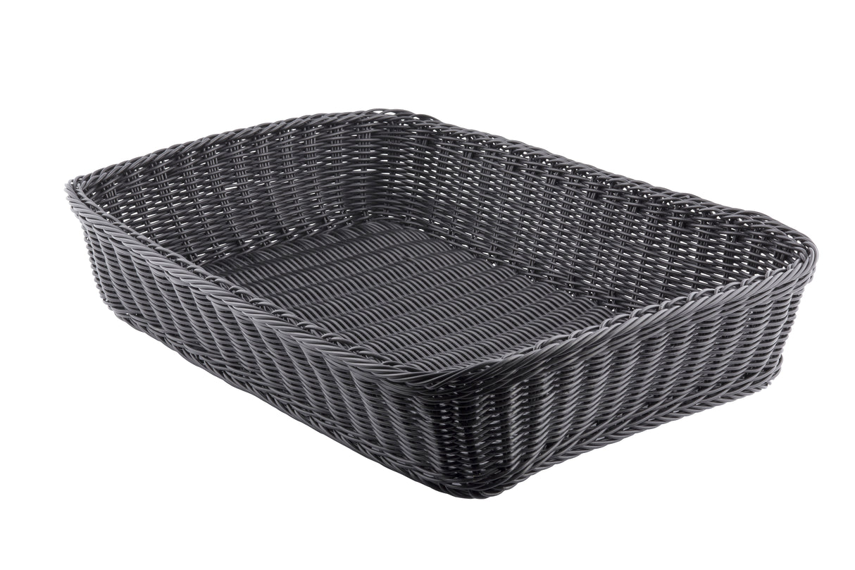 A rectangular, black Ridal Collection Basket with high sides and an open top, shown on a white background. This hand-woven basket features a textured wicker pattern and appears empty.