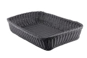A rectangular, black Ridal Collection Basket with high sides and an open top, shown on a white background. This hand-woven basket features a textured wicker pattern and appears empty.