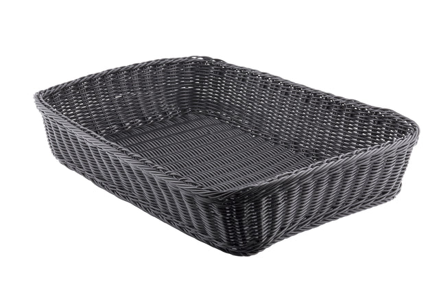 A rectangular, black Ridal Collection Basket with high sides and an open top, shown on a white background. This hand-woven basket features a textured wicker pattern and appears empty.
