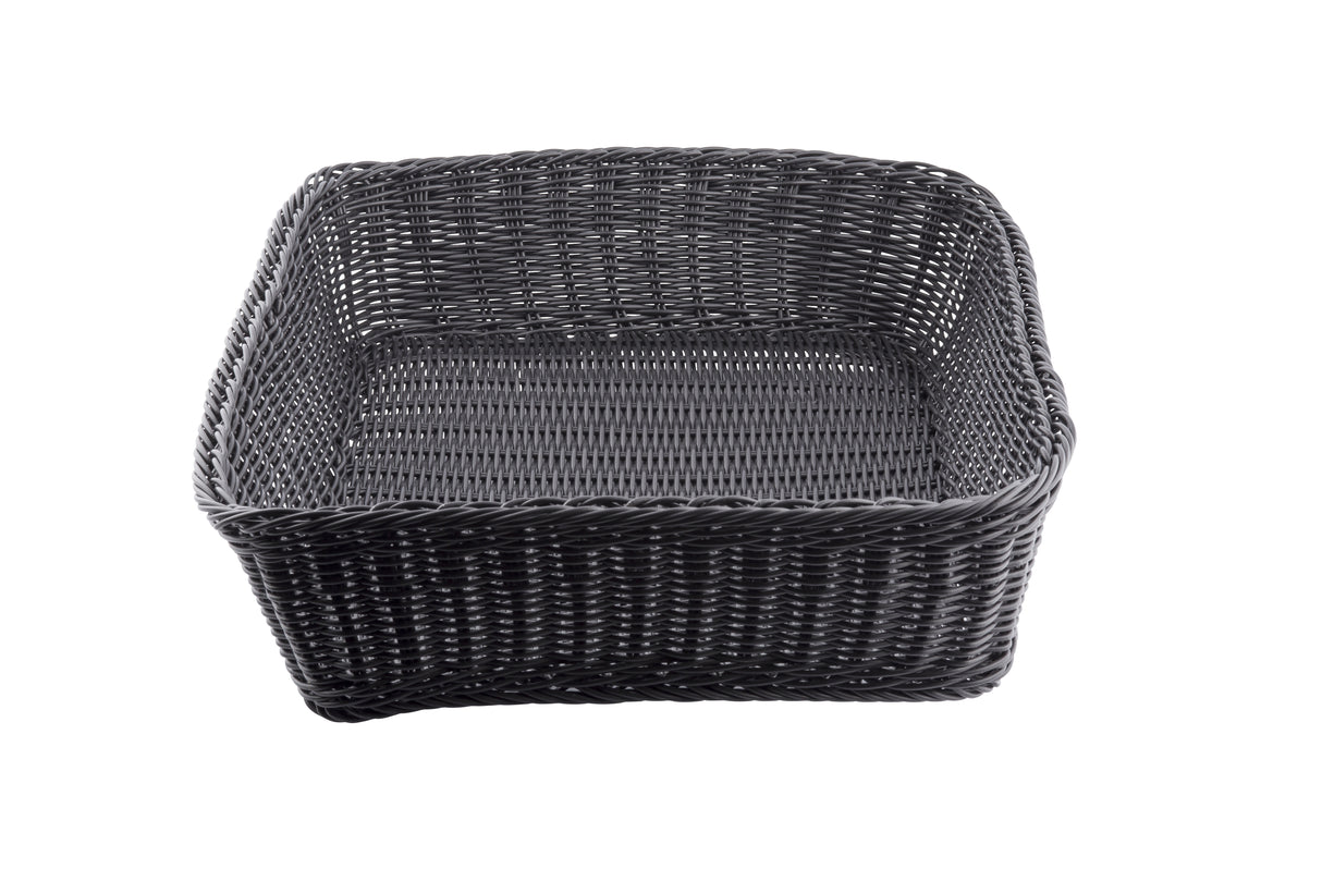 A rectangular, empty black Ridal Collection Basket with a woven texture, slightly rounded edges, and a flat base, shown against a white background. This hand-woven basket adds style and function to any space.