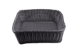 A rectangular, empty black Ridal Collection Basket with a woven texture, slightly rounded edges, and a flat base, shown against a white background. This hand-woven basket adds style and function to any space.