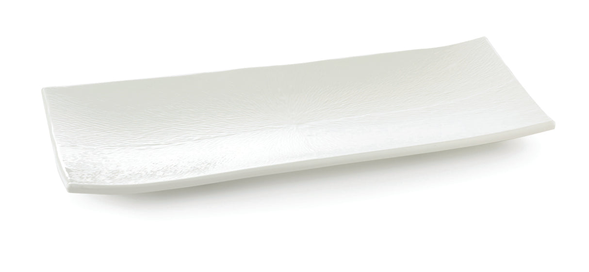A plain, rectangular serving platter from the Frostone Collection Dish features slightly curved edges and a smooth, glossy finish. Displayed on a white background, it boasts a subtle textured pattern and an elegant, minimalist design.