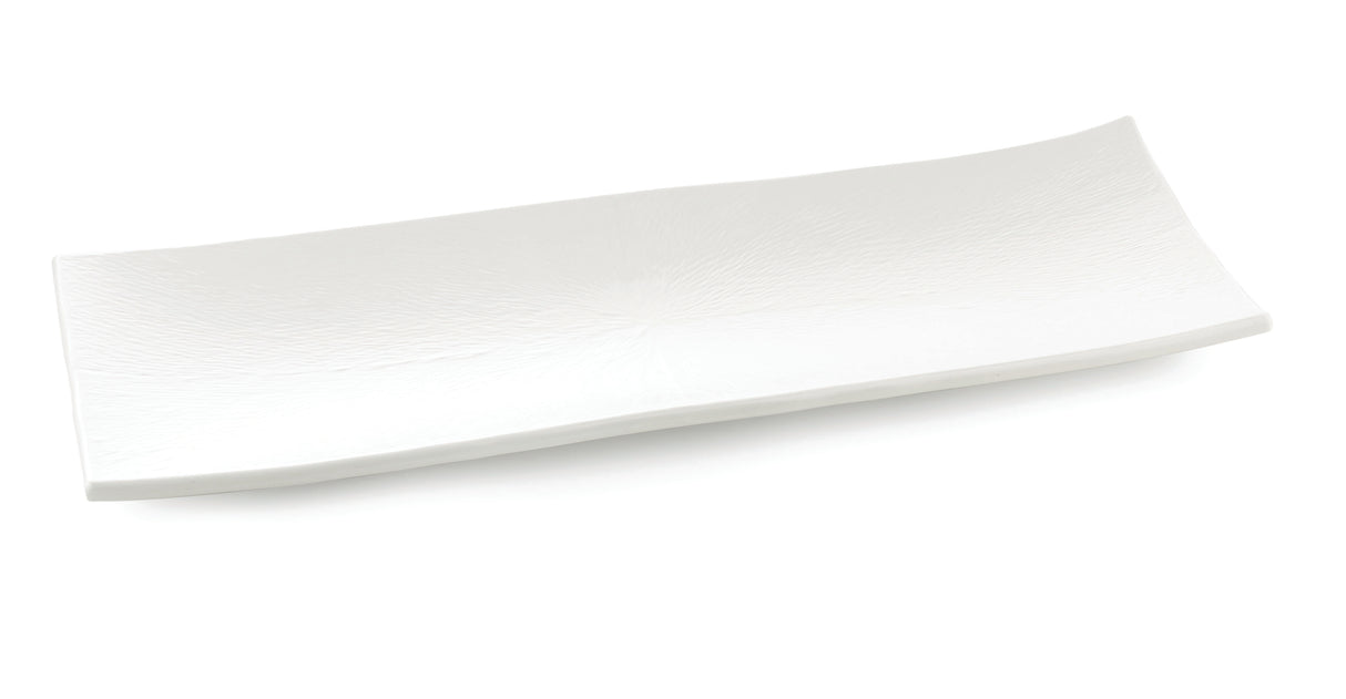A rectangular serving dish from the Frostone Collection, this white ceramic plate features gently upturned edges and a subtle textured pattern. The empty plate is set against a plain white background.