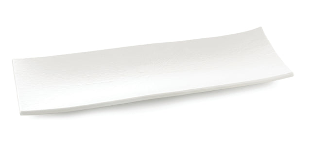 A rectangular serving dish from the Frostone Collection, this white ceramic plate features gently upturned edges and a subtle textured pattern. The empty plate is set against a plain white background.