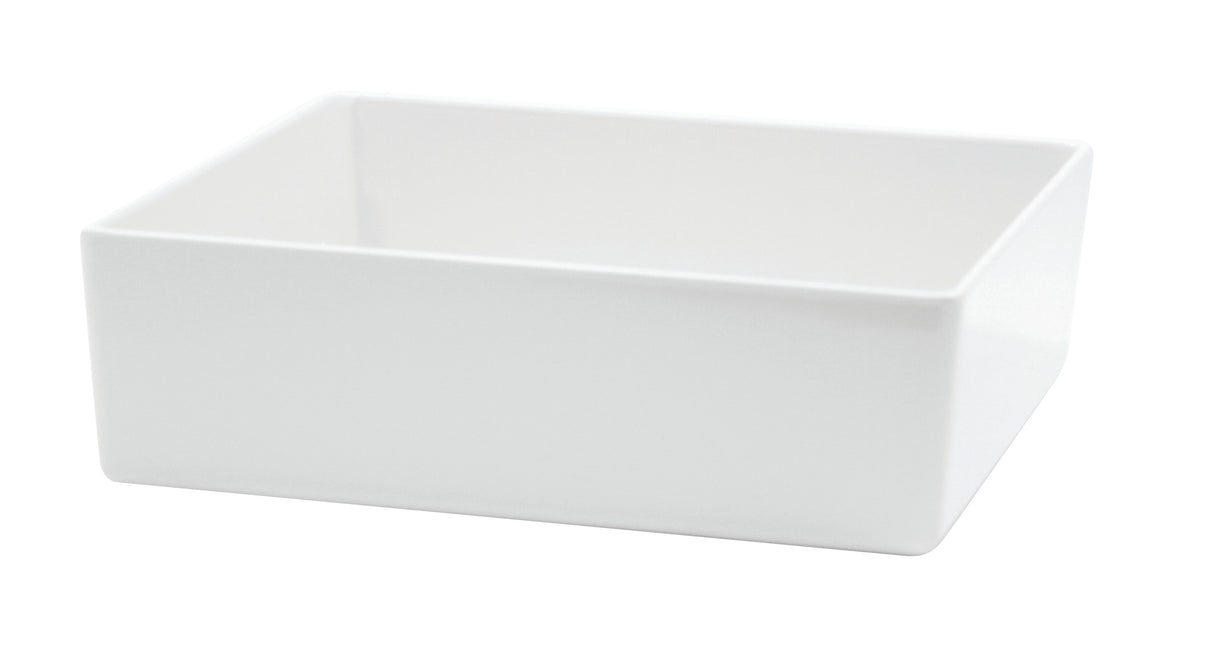 A plain, empty, rectangular white ceramic dish with straight sides and sharp corners sits on a white background. This 4 qt. dish features a smooth, glossy finish and is photographed at a slight angle, revealing both the front and an inner side.