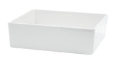 A plain, empty, rectangular white ceramic dish with straight sides and sharp corners sits on a white background. This 4 qt. dish features a smooth, glossy finish and is photographed at a slight angle, revealing both the front and an inner side.