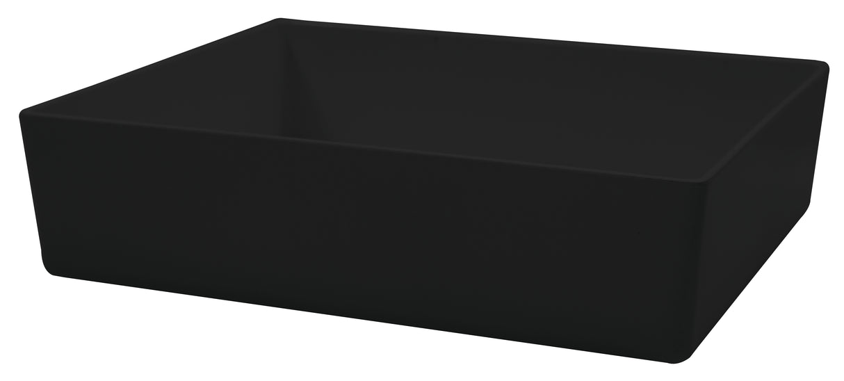A rectangular, matte black farmhouse-style kitchen sink with straight edges and a deep basin, shown from an angled perspective against a white background—perfect for cleaning large cookware or your 5 qt bowl, and conveniently dishwasher safe.