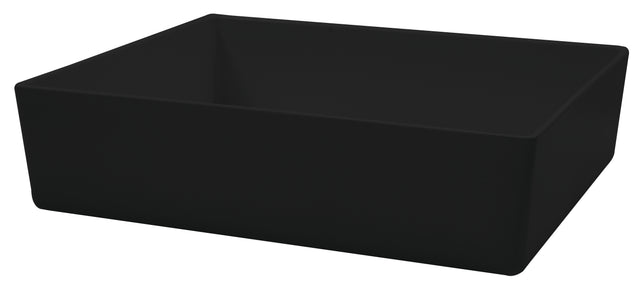 A rectangular, matte black farmhouse-style kitchen sink with straight edges and a deep basin, shown from an angled perspective against a white background—perfect for cleaning large cookware or your 5 qt bowl, and conveniently dishwasher safe.