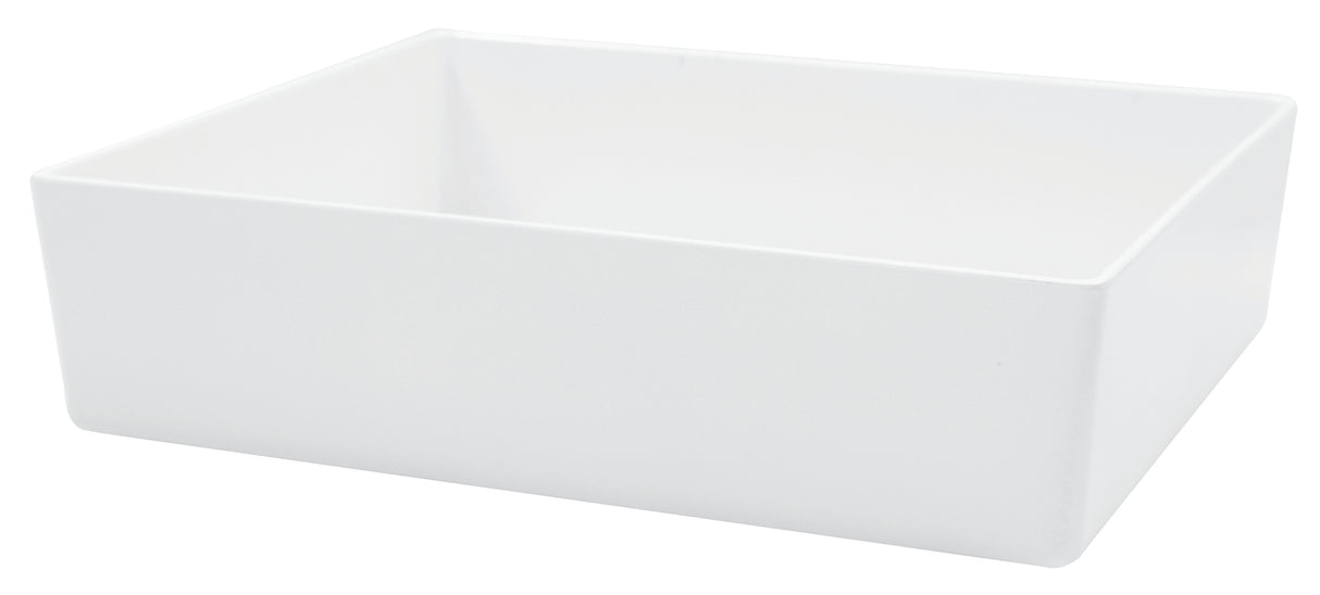 A plain, rectangular white bowl with no visible markings or decorations, photographed against a white background. The melamine bowl appears empty and has smooth, straight edges with slightly rounded corners.
