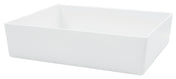 A plain, rectangular white bowl with no visible markings or decorations, photographed against a white background. The melamine bowl appears empty and has smooth, straight edges with slightly rounded corners.