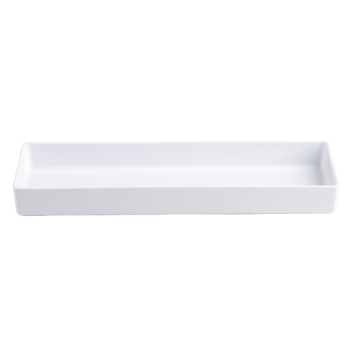 A plain, rectangular white ceramic tray with slightly raised edges, photographed against a white background. The minimalist tray resembles an NSF rectangular bowl and is shown from a straight-on angle.