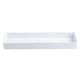 A plain, rectangular white ceramic tray with slightly raised edges, photographed against a white background. The minimalist tray resembles an NSF rectangular bowl and is shown from a straight-on angle.