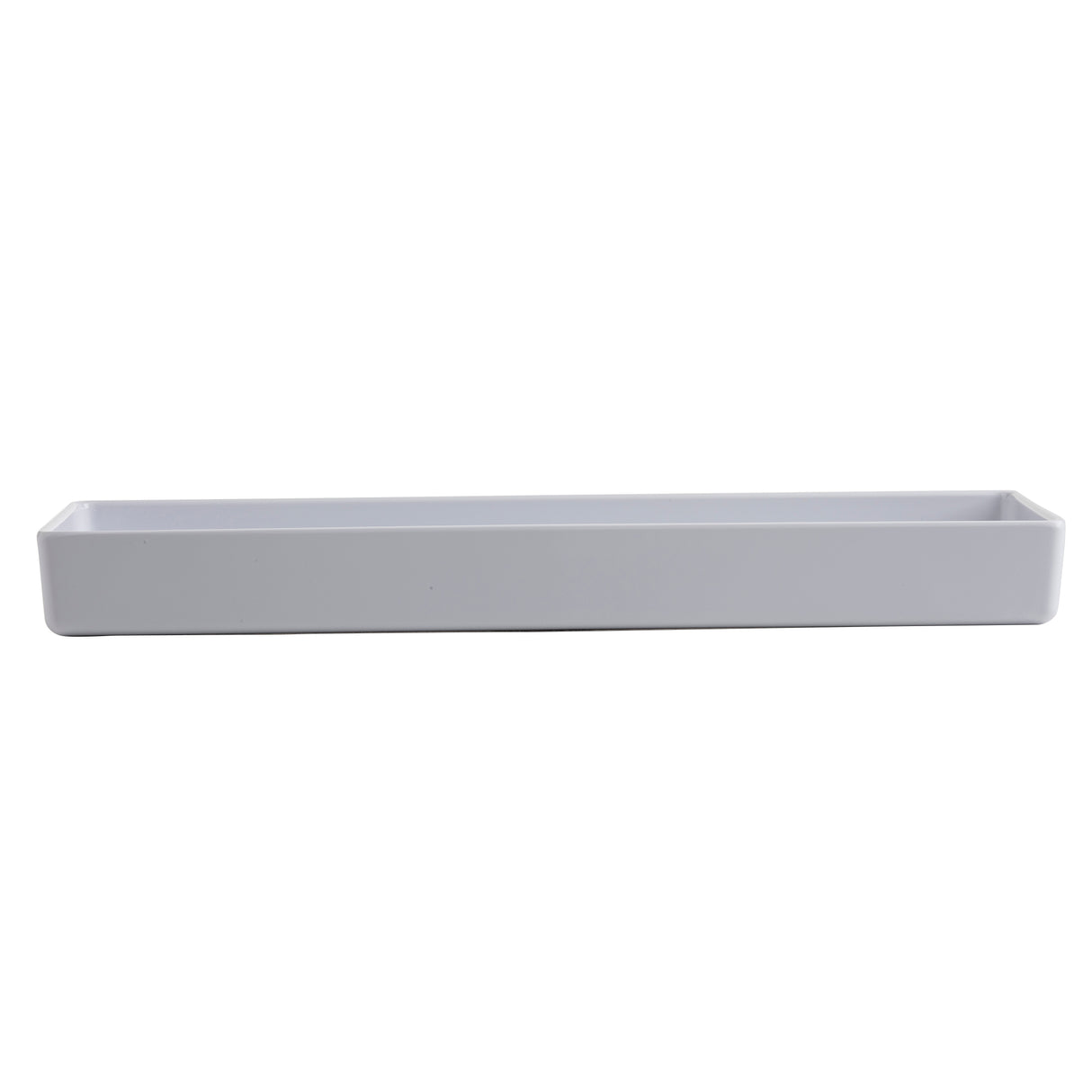 A rectangular, shallow white tray with smooth edges and a minimalist design, photographed against a plain white background. Crafted from glossy melamine, this NSF rectangular bowl is both durable and stylish for modern settings.